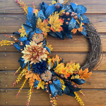 Autumn Wreath for Thanksgiving & Halloween – Elegant Fall Door Decor in Metallic Blue & Orange