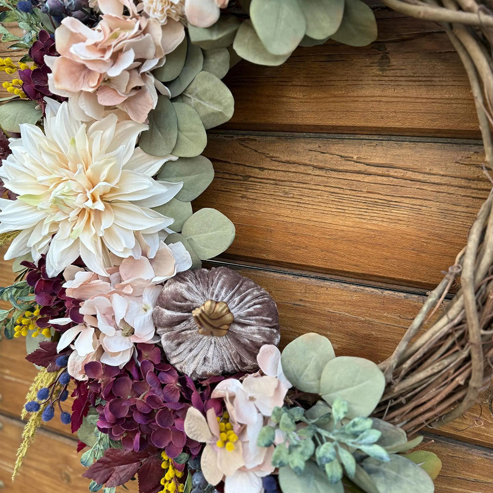 Elegant Burgundy Fall Wreath – Velvet Pumpkins & Hydrangea Autumn Door Decor