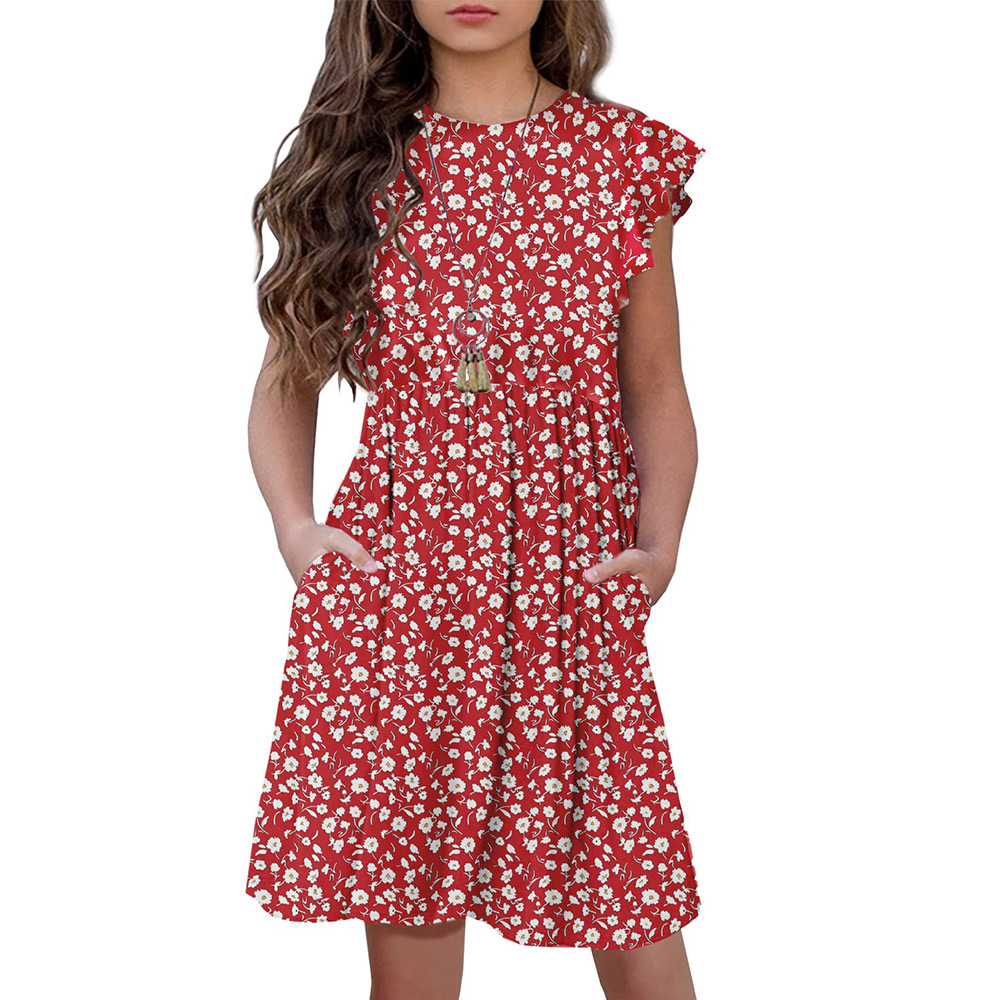Girls Floral Dress Boho Ruffle Sleeve Pleated Casual Swing Dresses with Pockets for Kids 6-12 Years
