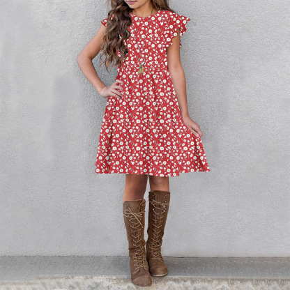Girls Floral Dress Boho Ruffle Sleeve Pleated Casual Swing Dresses with Pockets for Kids 6-12 Years
