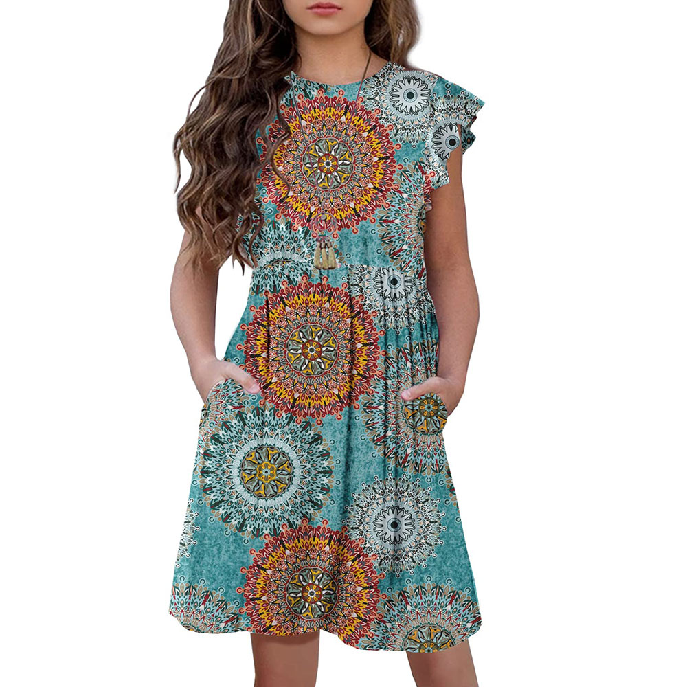 Girls Floral Dress Boho Ruffle Sleeve Pleated Casual Swing Dresses with Pockets for Kids 6-12 Years
