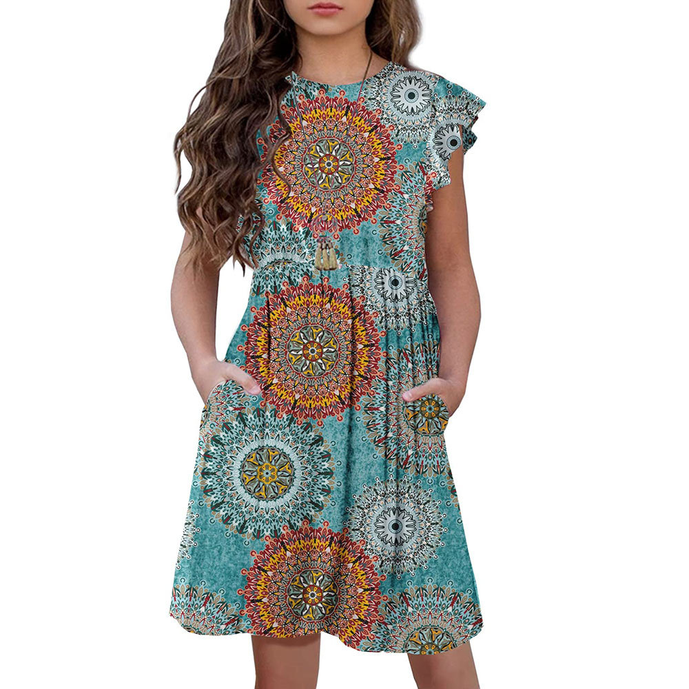 Girls Floral Dress Boho Ruffle Sleeve Pleated Casual Swing Dresses with Pockets for Kids 6-12 Years