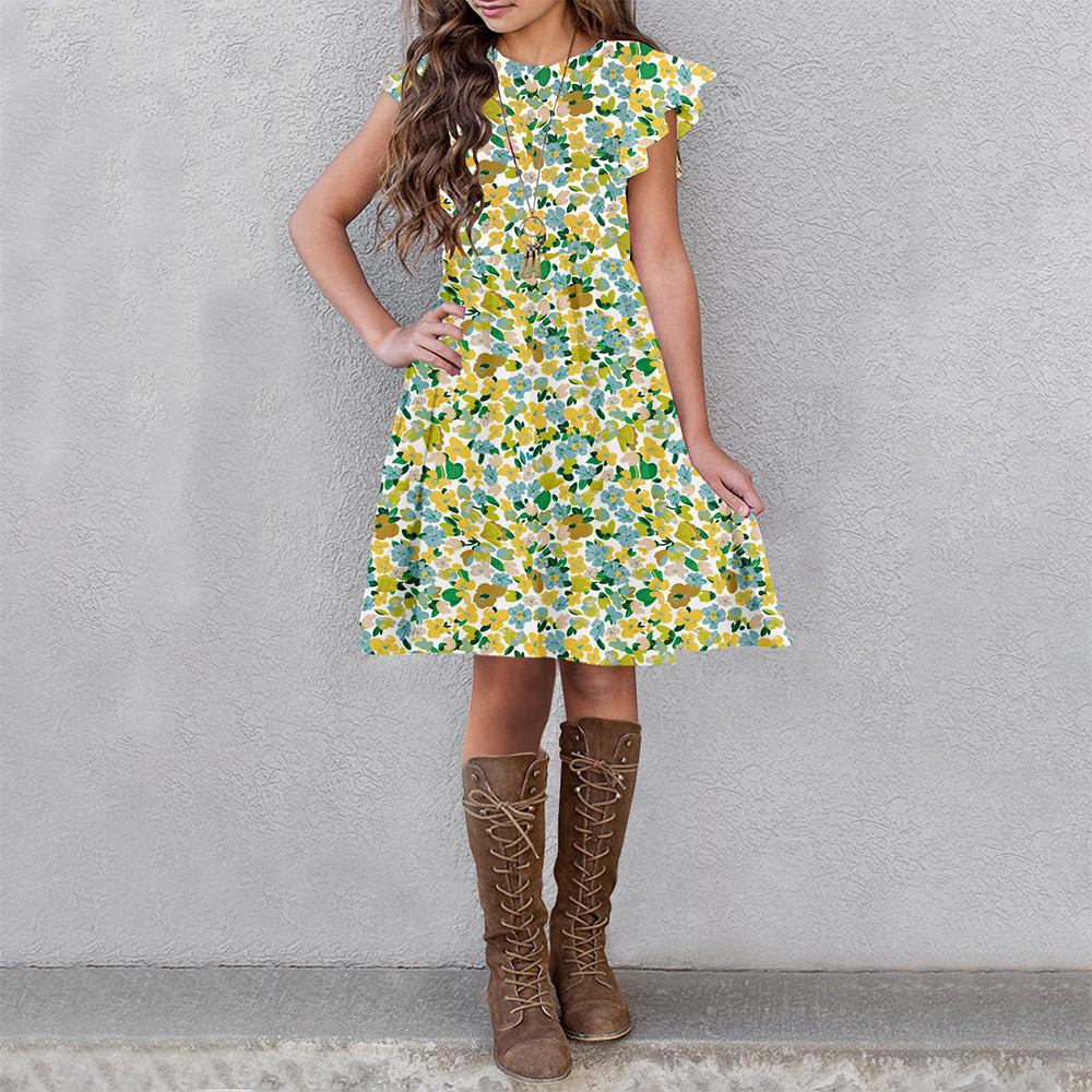 Girls Floral Dress Boho Ruffle Sleeve Pleated Casual Swing Dresses with Pockets for Kids 6-12 Years