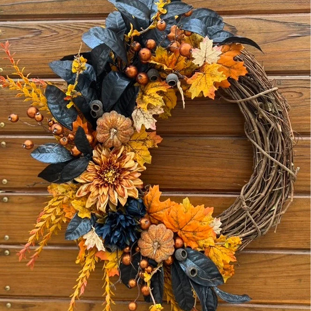 Autumn Wreath for Thanksgiving & Halloween – Elegant Fall Door Decor in Metallic Blue & Orange