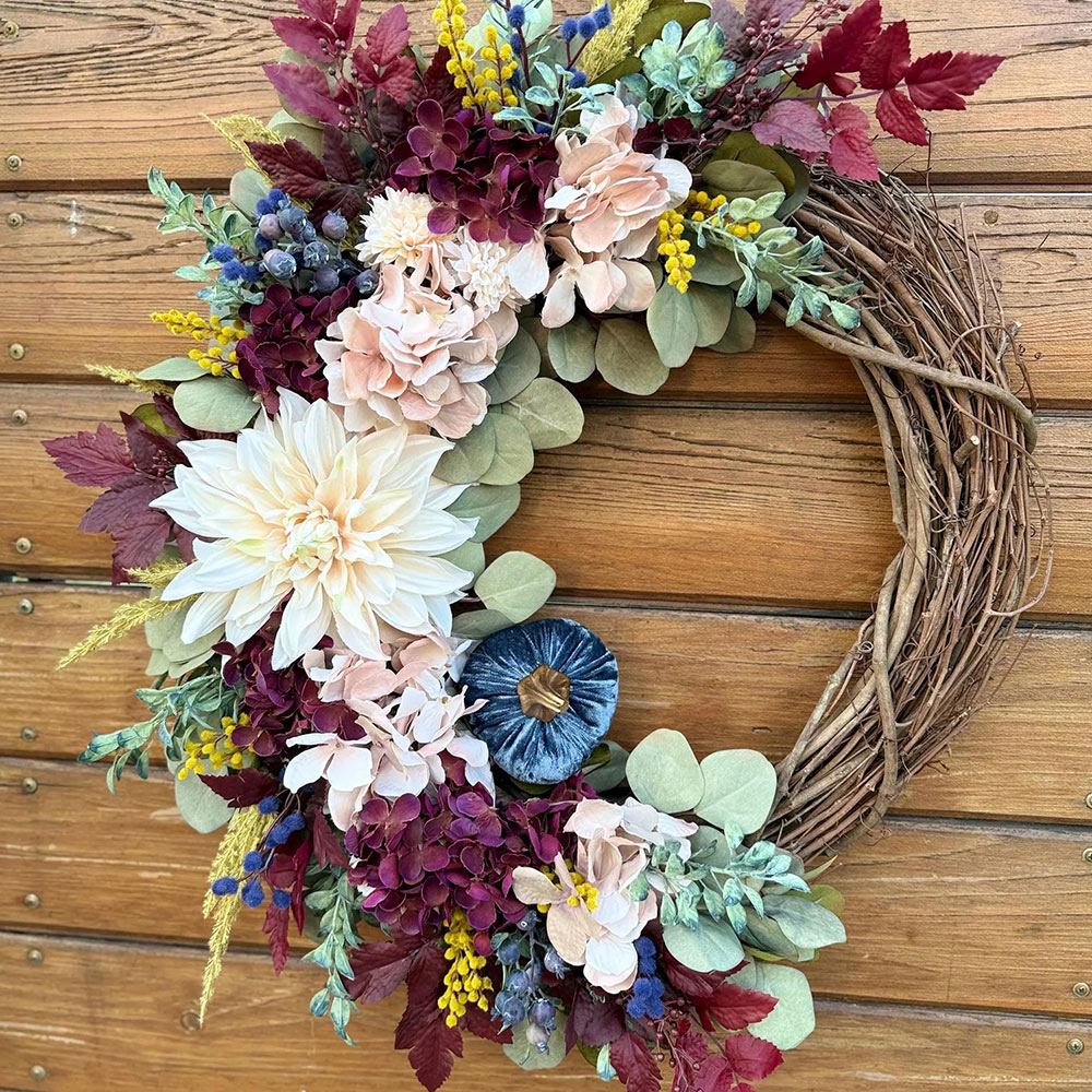 Elegant Burgundy Fall Wreath – Velvet Pumpkins & Hydrangea Autumn Door Decor