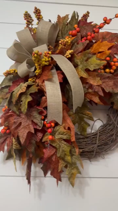 Elegant Fall Maple Leaves Wreath – Small Autumn Front Door Decor with Berries & Peonies