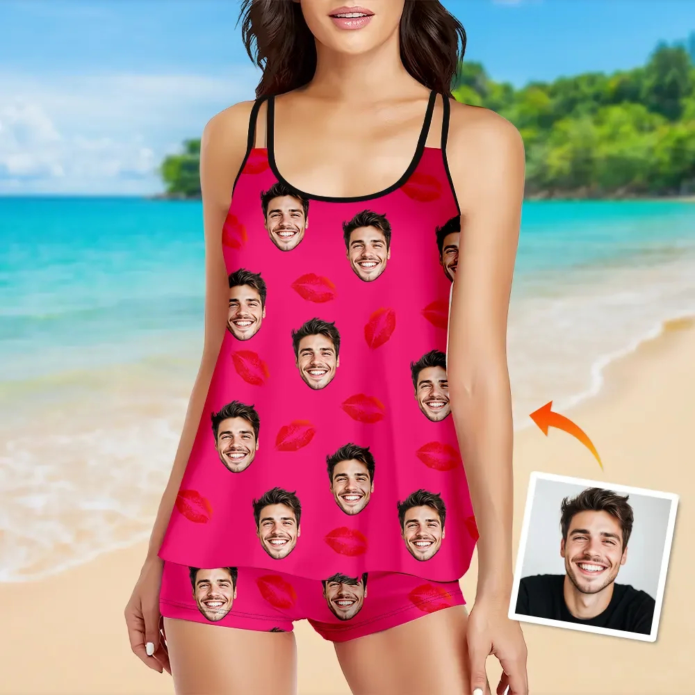 Custom Tankini Two Piece Swimsuit Two Piece For Women Red Heart Sling Swimsuit With Swimming Trunks