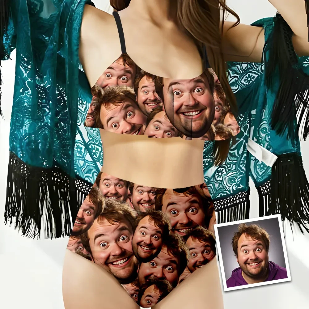 Custom Bikini With Husband Face Funny Women's Ruffle Summer Bikini High Waisted Bathing Suits Gift For Her