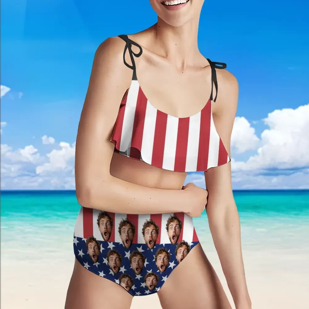 Custom Independence Day Gift Women's Ruffle Summer Bikini High Waisted Bathing Suits Gift For Her