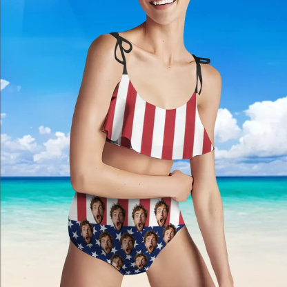 Custom Independence Day Gift Women's Ruffle Summer Bikini High Waisted Bathing Suits Gift For Her