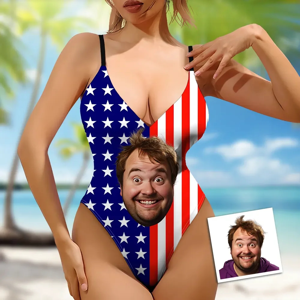 Custom Face V-Neck Bikini American Flag Swimsuit