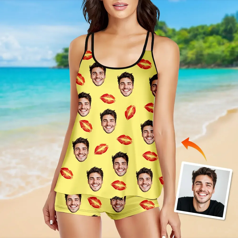 Custom Tankini Two Piece Swimsuit Two Piece For Women Red Heart Sling Swimsuit With Swimming Trunks