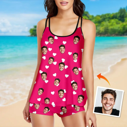Custom Tankini Two Piece Swimsuit Two Piece For Women Red Heart Sling Swimsuit With Swimming Trunks