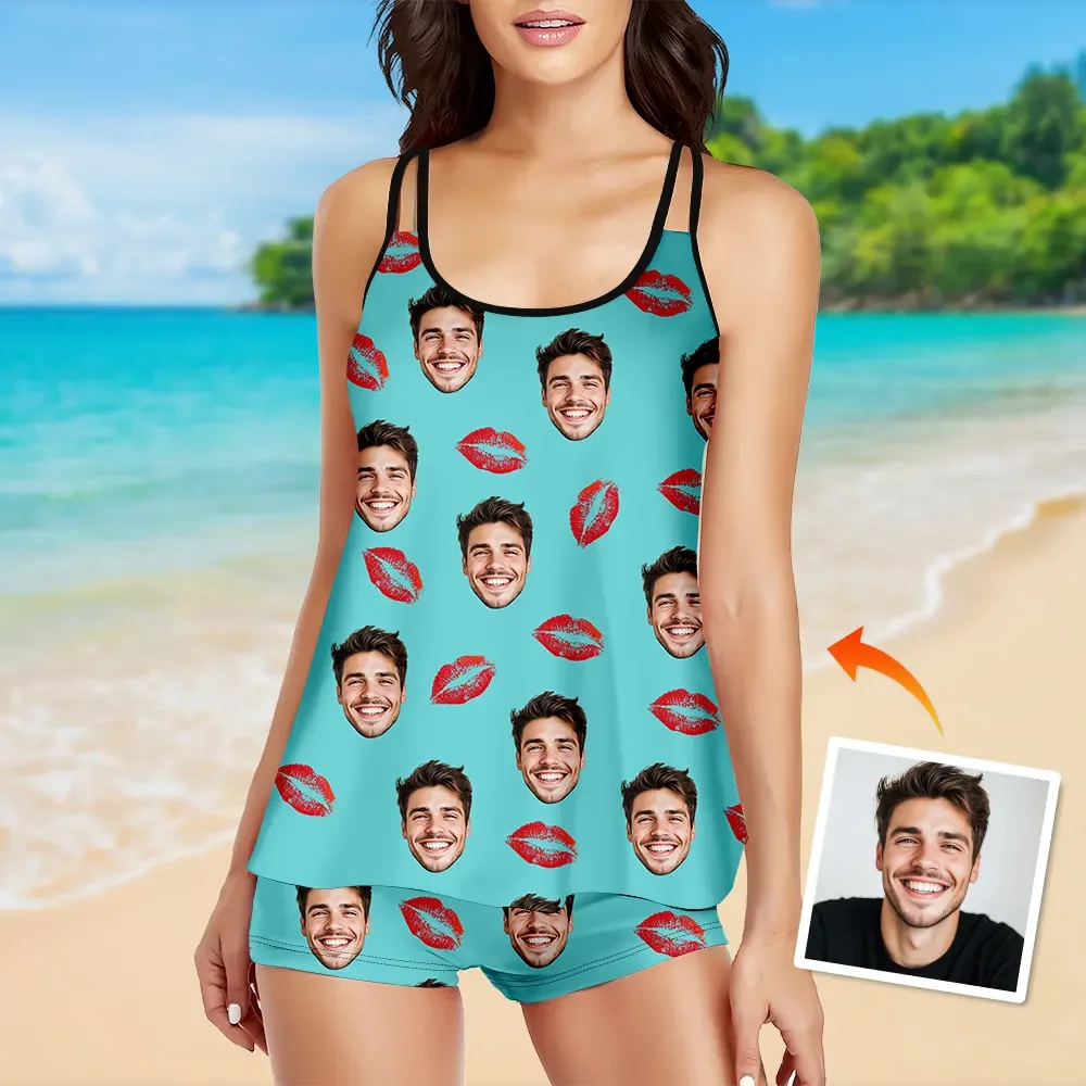 Custom Tankini Two Piece Swimsuit Two Piece For Women Red Heart Sling Swimsuit With Swimming Trunks