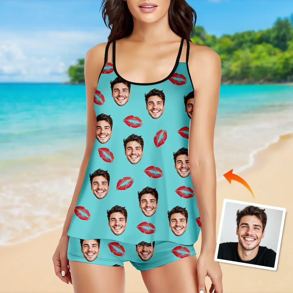 Custom Tankini Two Piece Swimsuit Two Piece For Women Red Heart Sling Swimsuit With Swimming Trunks