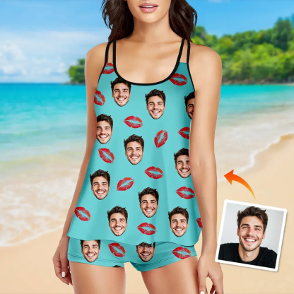 Custom Tankini Two Piece Swimsuit Two Piece For Women Red Heart Sling Swimsuit With Swimming Trunks