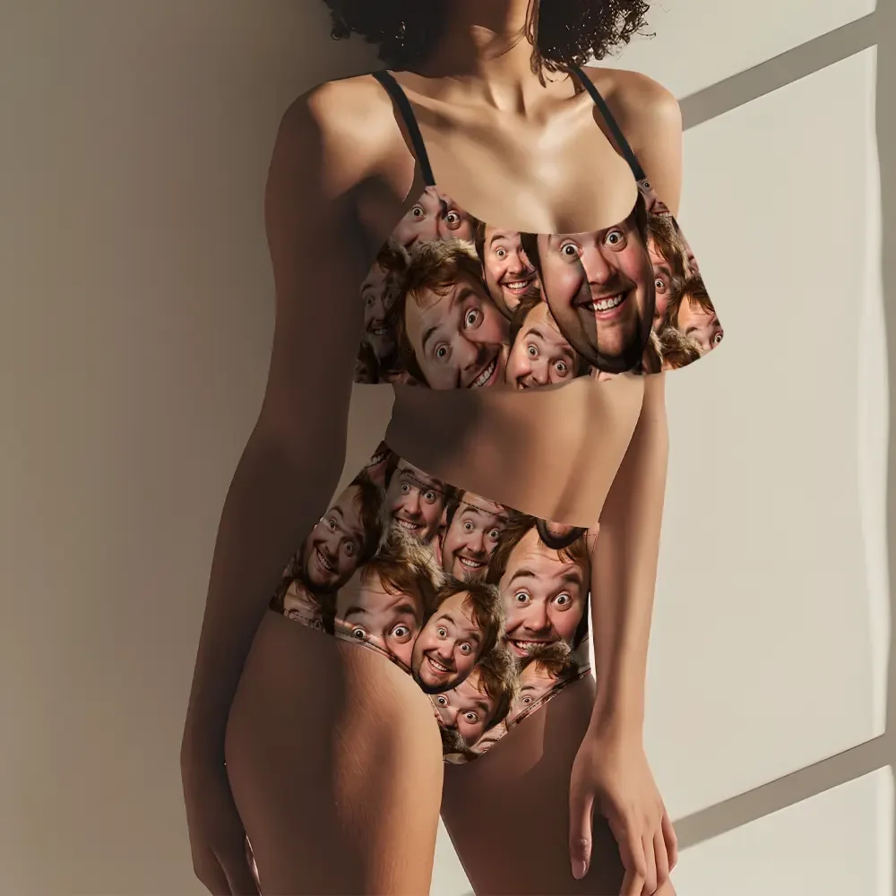 Custom Bikini With Husband Face Funny Women's Ruffle Summer Bikini High Waisted Bathing Suits Gift For Her