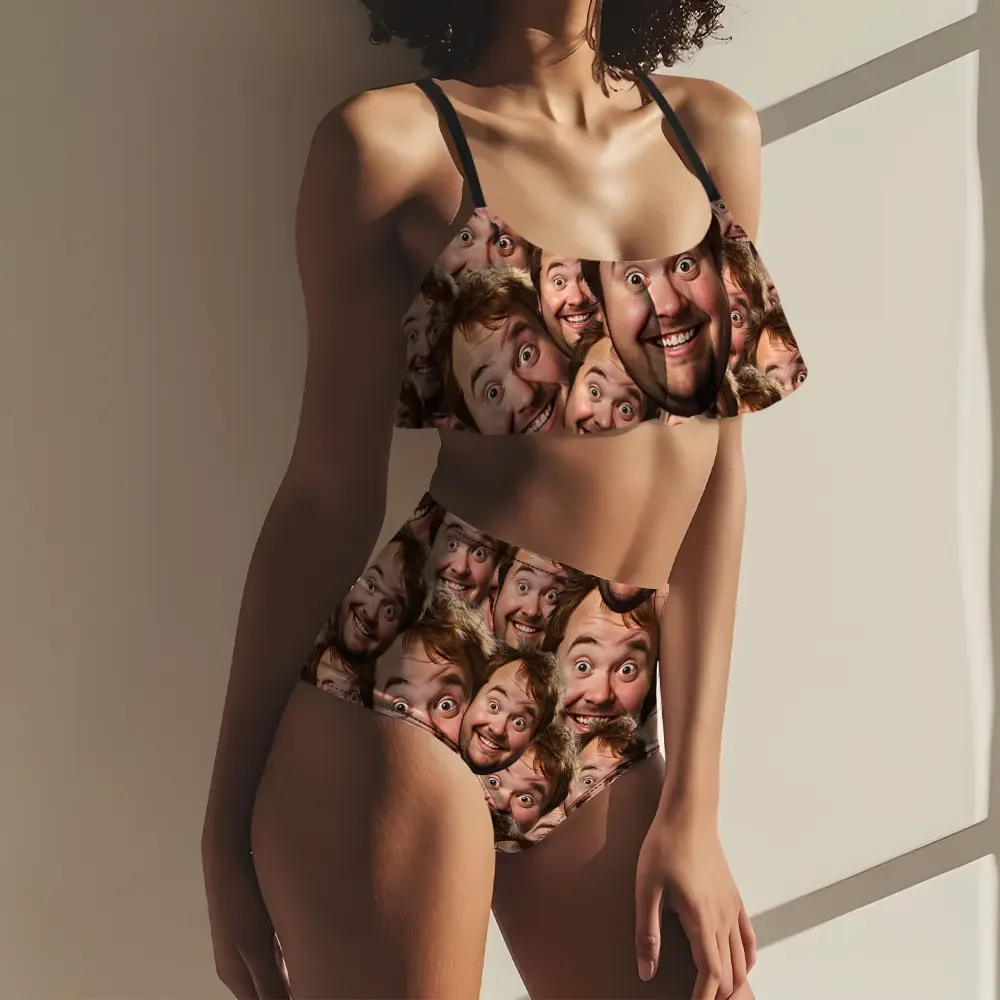 Custom Bikini With Husband Face Funny Women's Ruffle Summer Bikini High Waisted Bathing Suits Gift For Her
