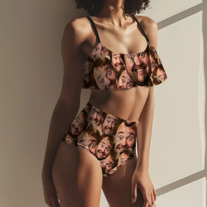 Custom Bikini With Husband Face Funny Women's Ruffle Summer Bikini High Waisted Bathing Suits Gift For Her