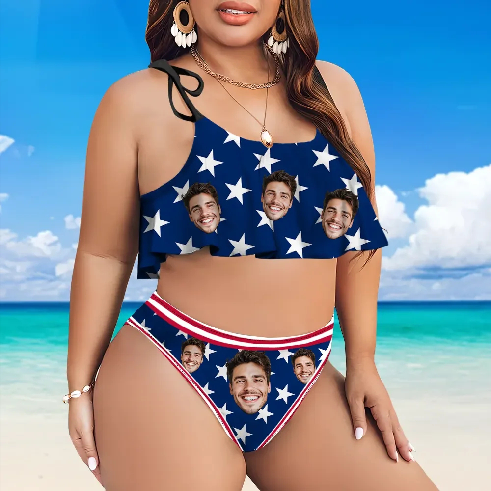 Custom American Flag Women's Ruffle Summer Bikini High Waisted Bathing Suits Gift For Her