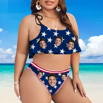 Custom American Flag Women's Ruffle Summer Bikini High Waisted Bathing Suits Gift For Her