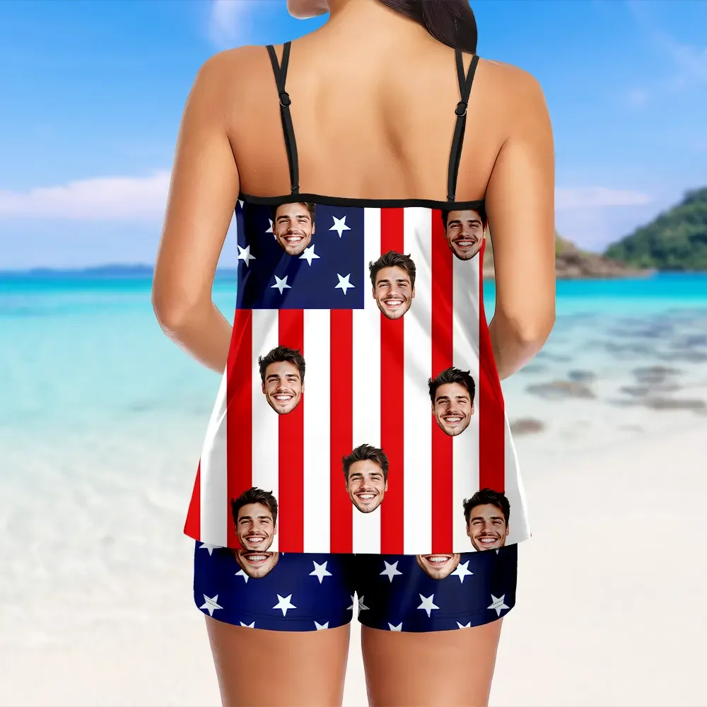 Custom Tankini Two Piece Swimsuit Two Piece For Women American Flag Sling Swimsuit With Swimming Trunks