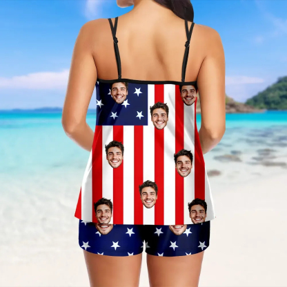 Custom Tankini Two Piece Swimsuit Two Piece For Women American Flag Sling Swimsuit With Swimming Trunks