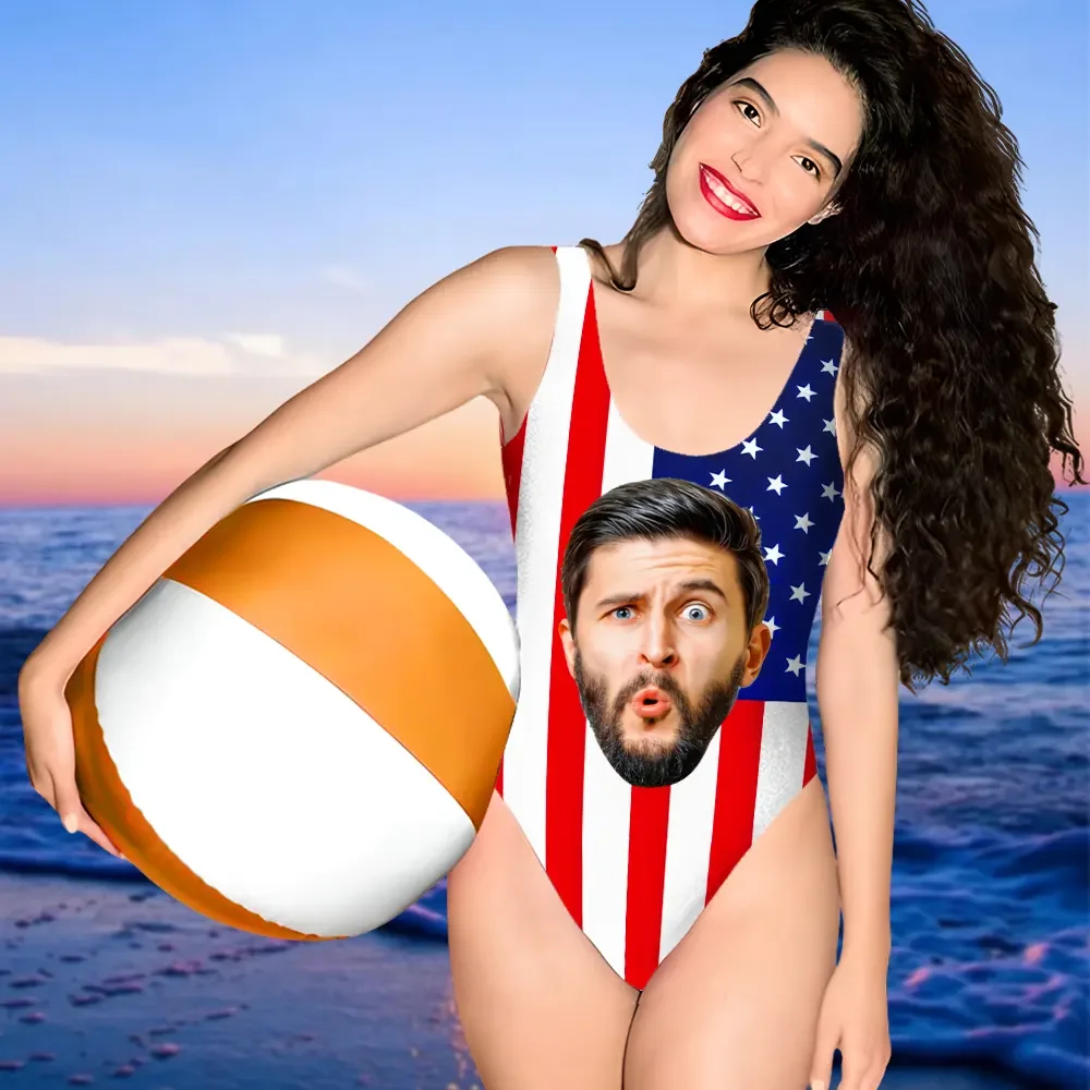 Custom Face USA Swimsuit Personalized Bathing Suit Vest Bodysuit Swimsuit for Women