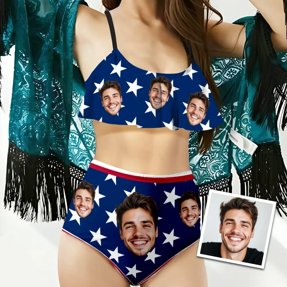 Custom American Flag Women's Ruffle Summer Bikini High Waisted Bathing Suits Gift For Her