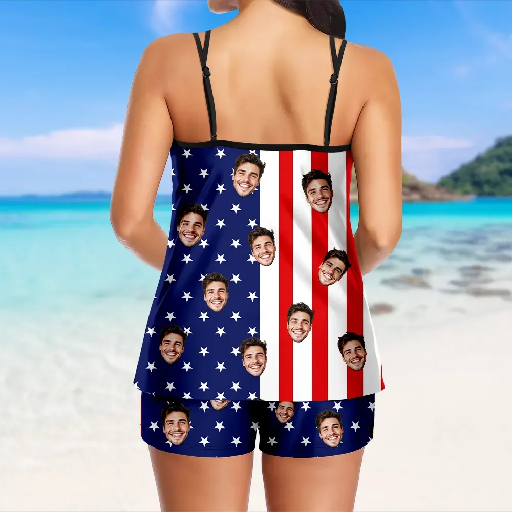 Custom Tankini Two Piece Swimsuit Two Piece For Women American Flag Sling Swimsuit With Swimming Trunks