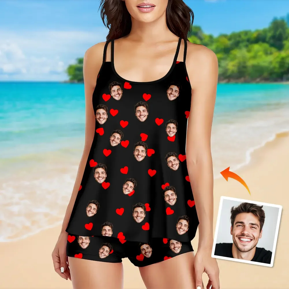 Custom Tankini Two Piece Swimsuit Two Piece For Women Red Heart Sling Swimsuit With Swimming Trunks