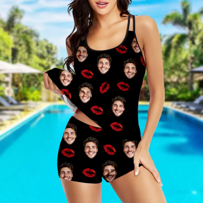 Custom Tankini Two Piece Swimsuit Two Piece For Women Red Heart Sling Swimsuit With Swimming Trunks