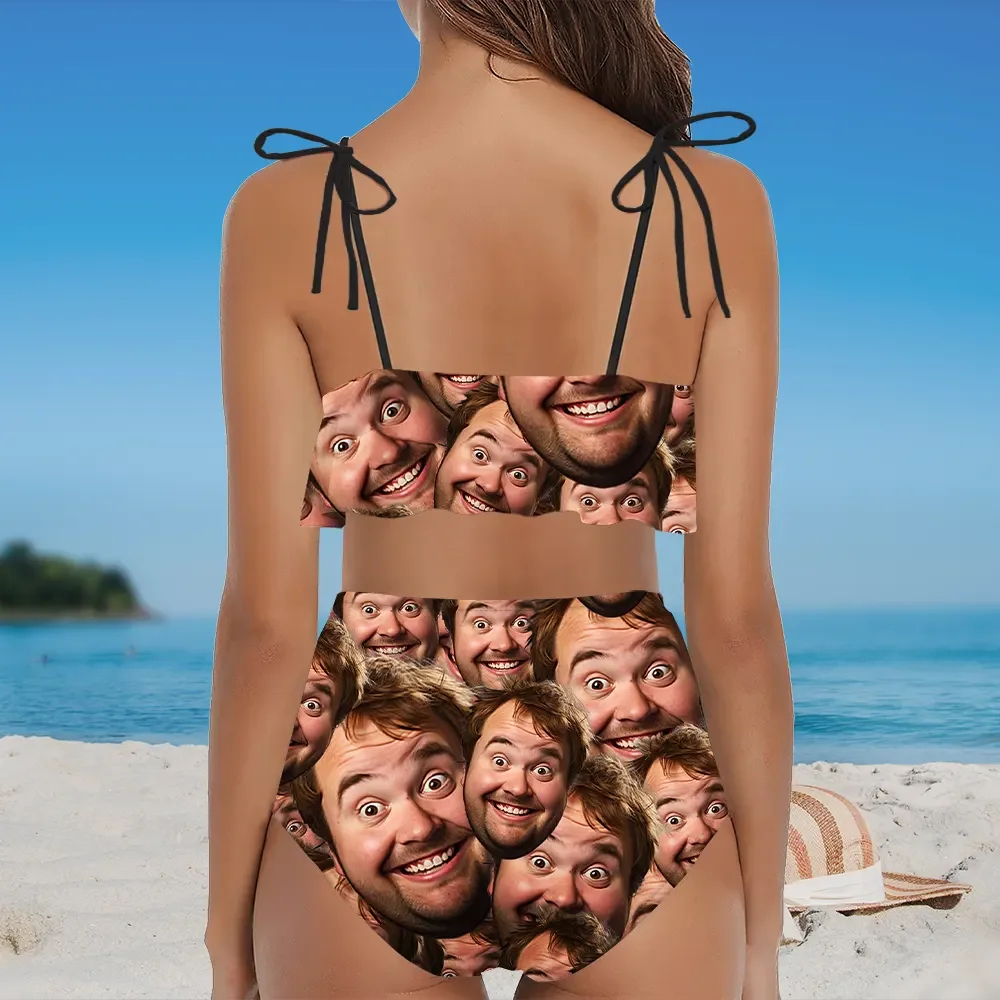Custom Bikini With Husband Face Funny Women's Ruffle Summer Bikini High Waisted Bathing Suits Gift For Her