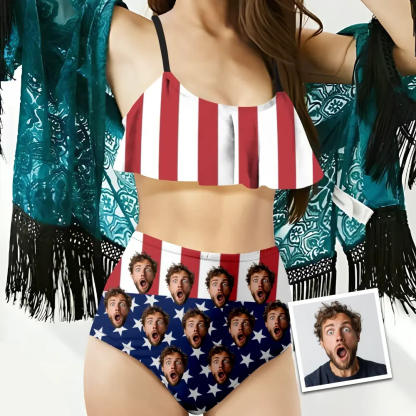 Custom Independence Day Gift Women's Ruffle Summer Bikini High Waisted Bathing Suits Gift For Her
