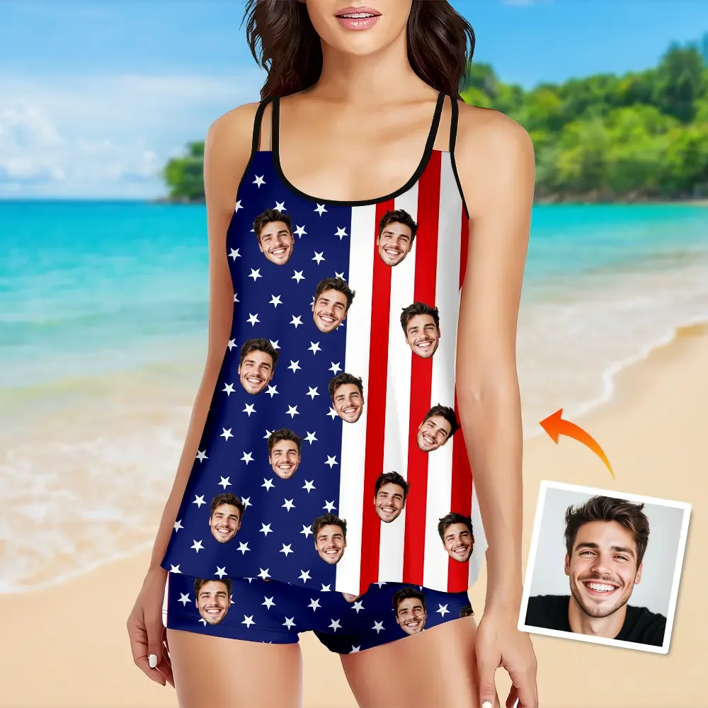 Custom Tankini Two Piece Swimsuit Two Piece For Women American Flag Sling Swimsuit With Swimming Trunks