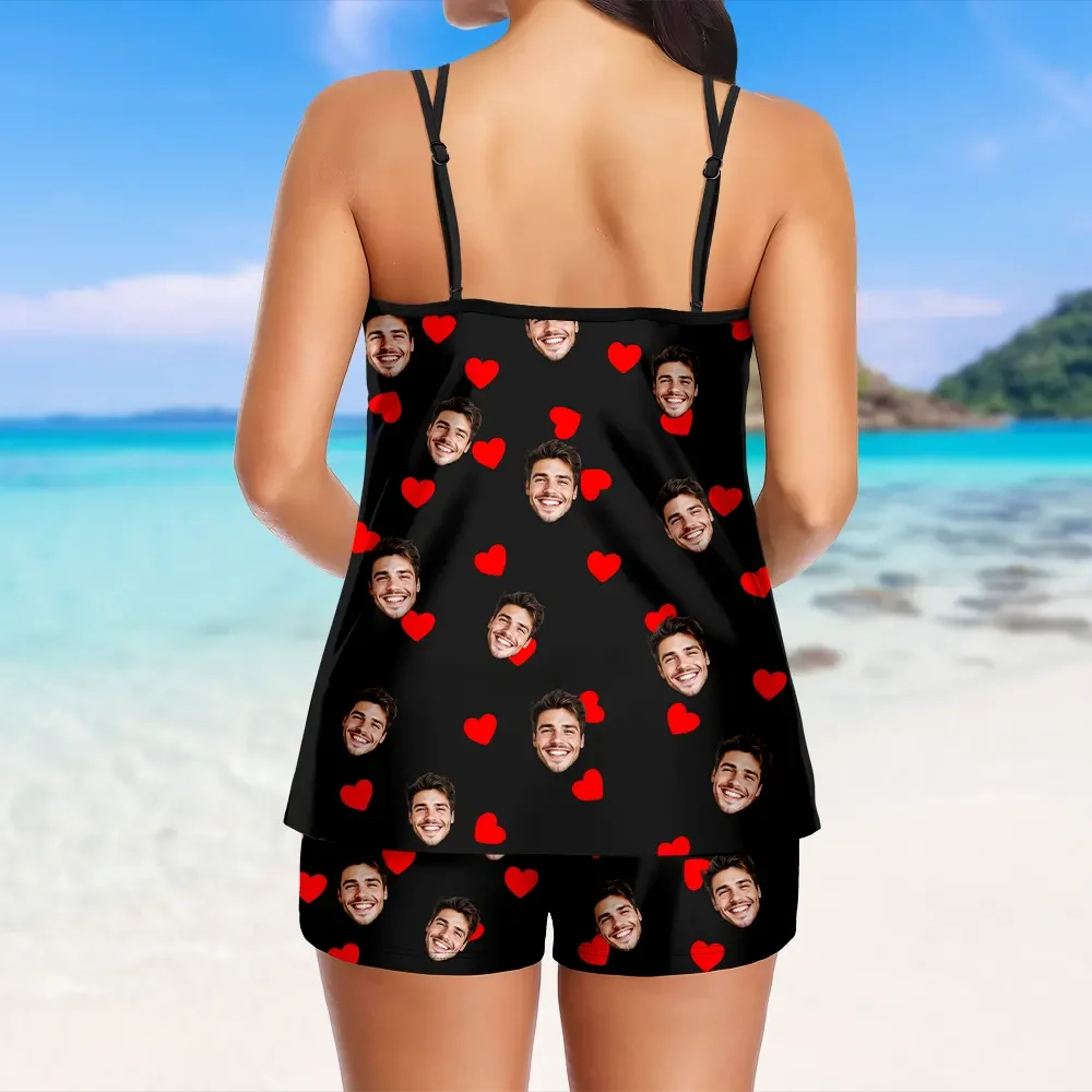 Custom Tankini Two Piece Swimsuit Two Piece For Women Red Heart Sling Swimsuit With Swimming Trunks