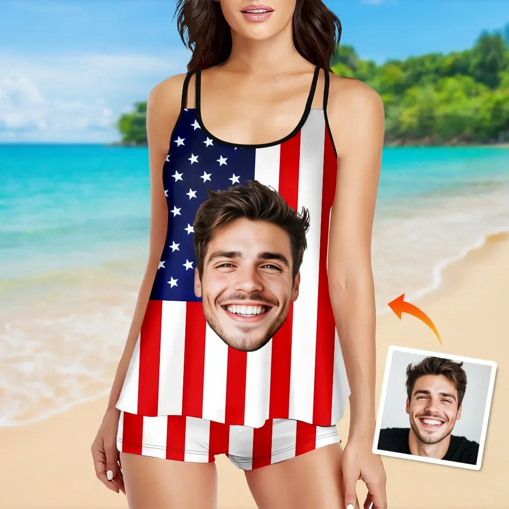 Custom Tankini Two Piece Swimsuit Two Piece For Women American Flag Sling Swimsuit With Swimming Trunks