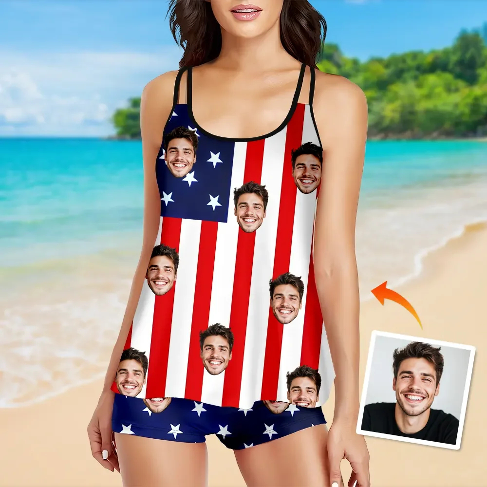 Custom Tankini Two Piece Swimsuit Two Piece For Women American Flag Sling Swimsuit With Swimming Trunks