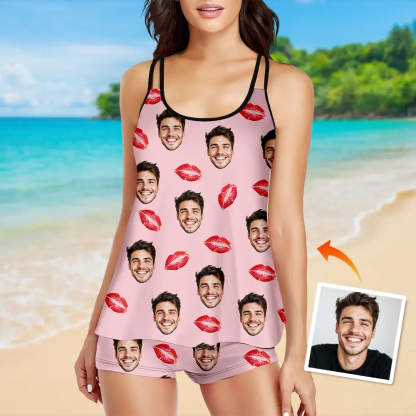 Custom Tankini Two Piece Swimsuit Two Piece For Women Red Heart Sling Swimsuit With Swimming Trunks