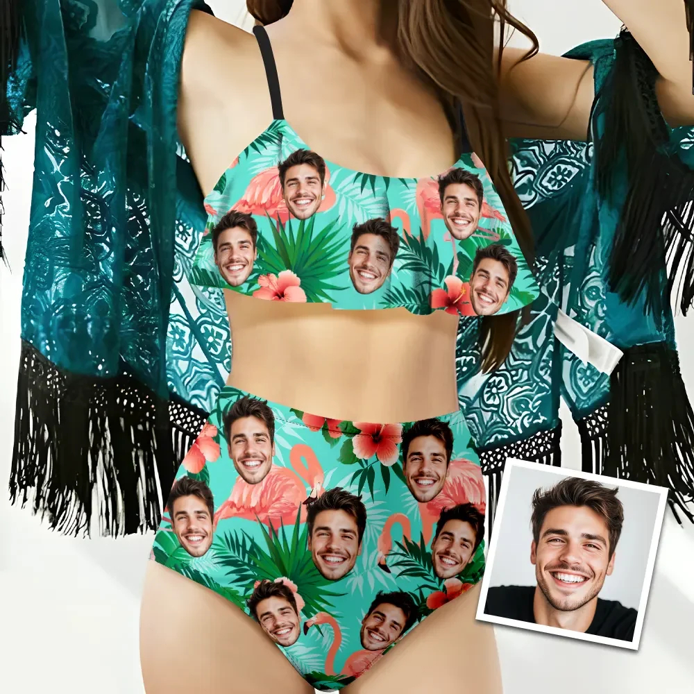 Custom Hawaiian Style Women's Ruffle Summer Bikini High Waisted Bathing Suits Gift For Her