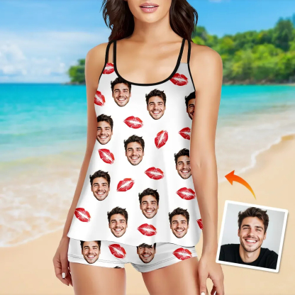 Custom Tankini Two Piece Swimsuit Two Piece For Women Red Heart Sling Swimsuit With Swimming Trunks