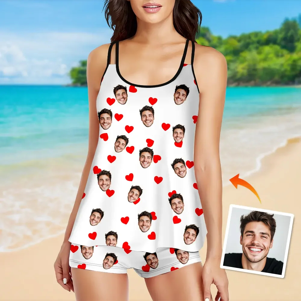 Custom Tankini Two Piece Swimsuit Two Piece For Women Red Heart Sling Swimsuit With Swimming Trunks