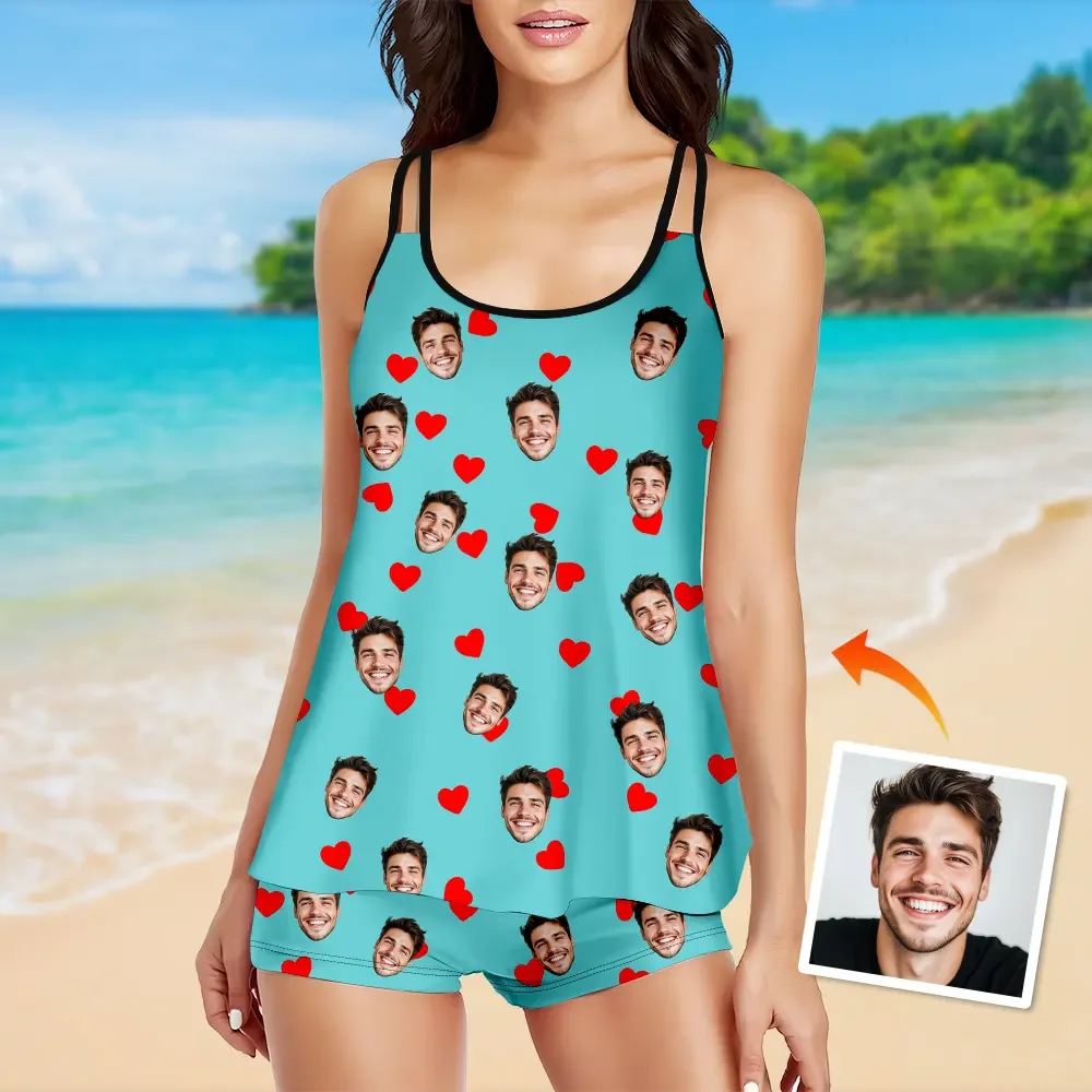 Custom Tankini Two Piece Swimsuit Two Piece For Women Red Heart Sling Swimsuit With Swimming Trunks