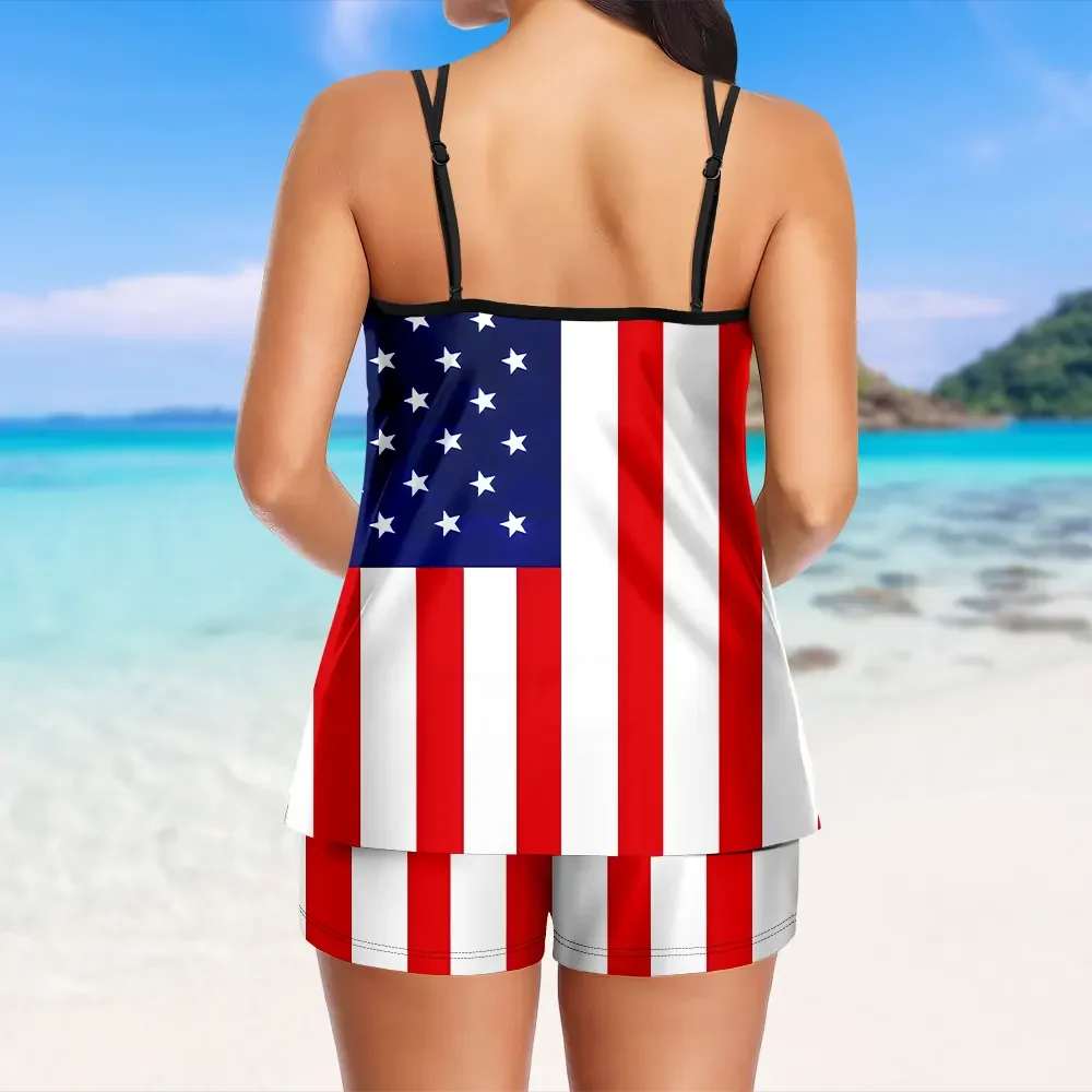 Custom Tankini Two Piece Swimsuit Two Piece For Women American Flag Sling Swimsuit With Swimming Trunks