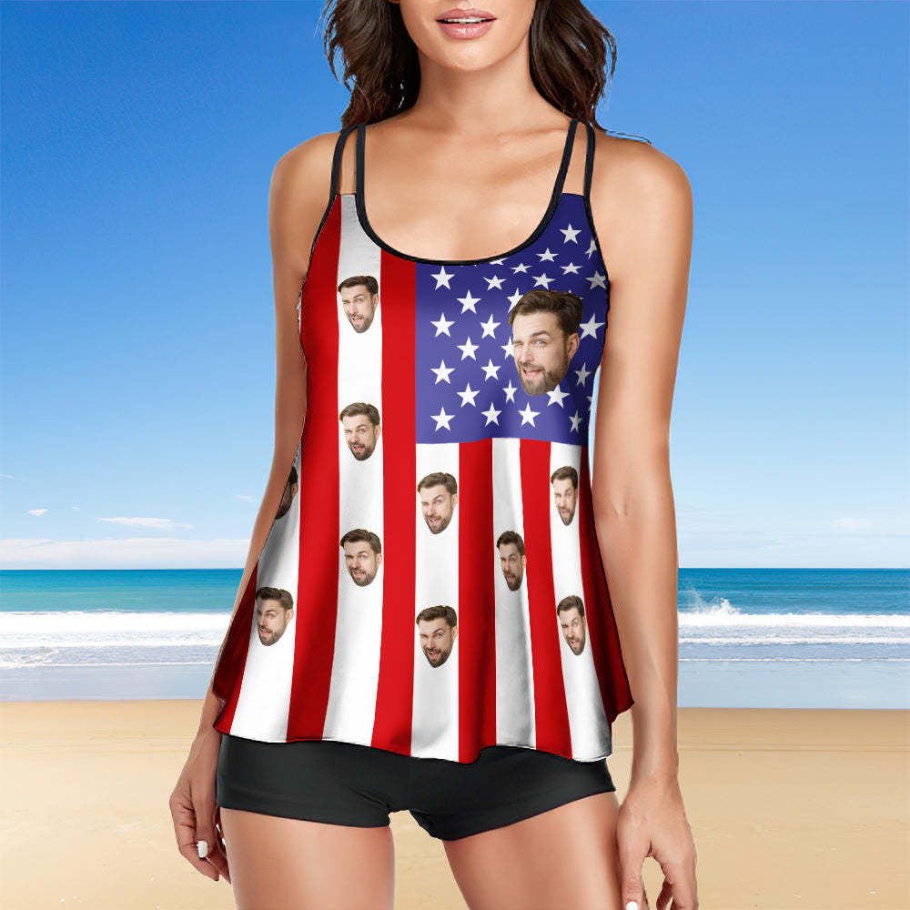 Custom Face Swimwear American Flag Tankini Bathing Suit for Women 2 Piece Swimsuit