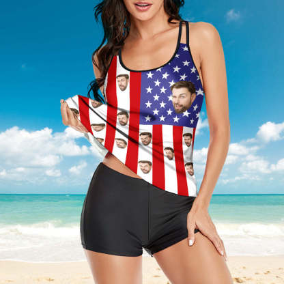 Custom Face Swimwear American Flag Tankini Bathing Suit for Women 2 Piece Swimsuit