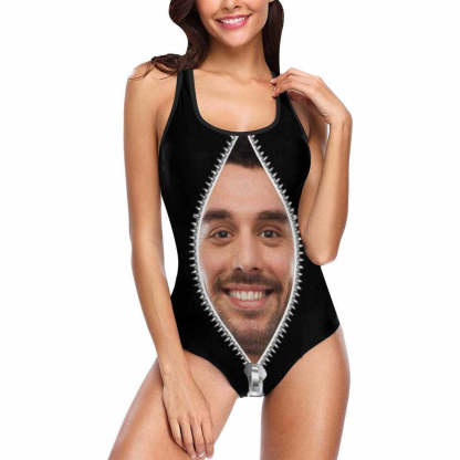 Custom Face Swimwear Women's Photo Slip One Piece Swimsuit - Zipper