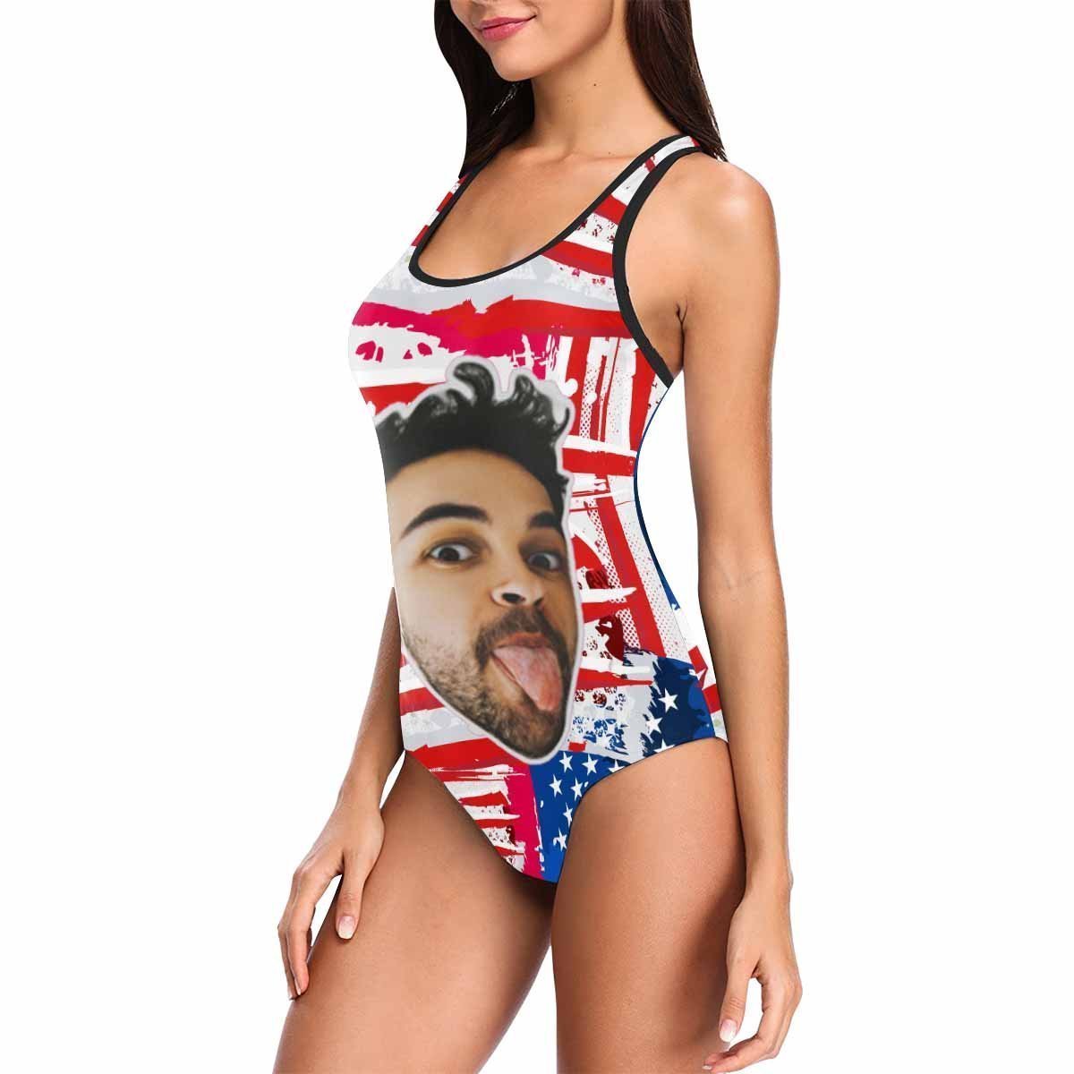 Custom Face Swimwear Women's Photo Slip One Piece Swimsuit - USA Flag