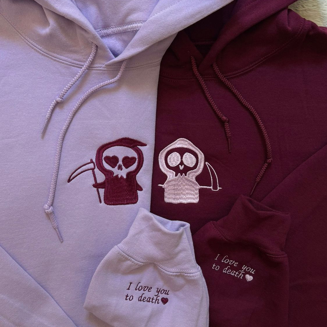 I Love You To Death Grim Reapers Matching Embroidery Set - custom sleeve option HCMD0440
