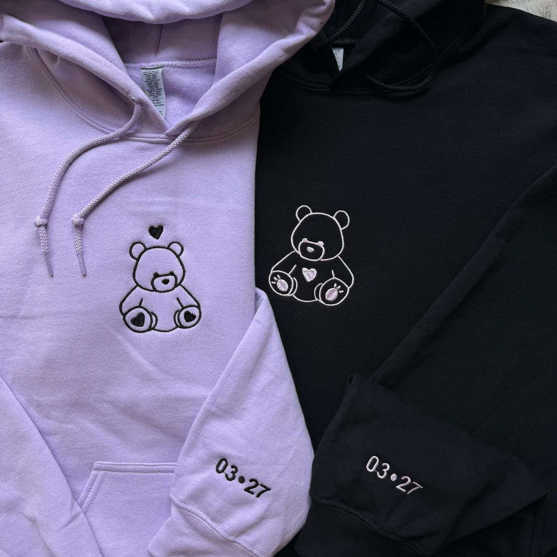 Teddy Bear Love Matching Couples/ Besties Embroidery Set - custom sleeves & roman nume HCMD0448rals under design option HCMD0448
